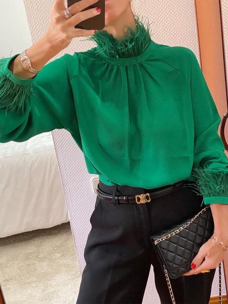 

Stand Collar Urban Regular Fit Long Sleeve Plain Shirt, Green, Blouses and Shirts