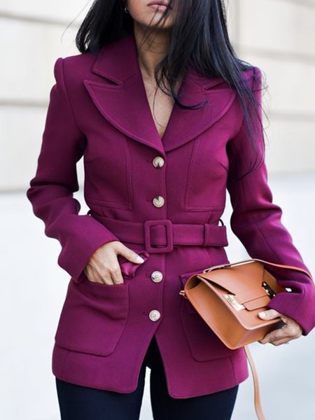 

Lapel Collar Urban Plain Jacket With Belt, Rose red, Jackets