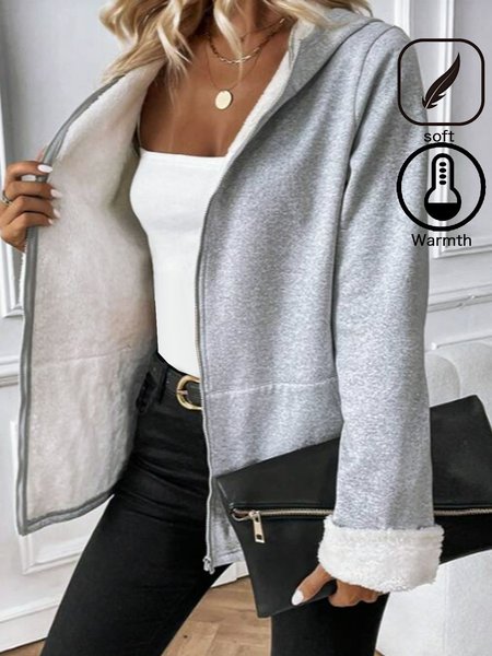 

Plain Casual Zipper Plush Jacket, Gray, Outerwear