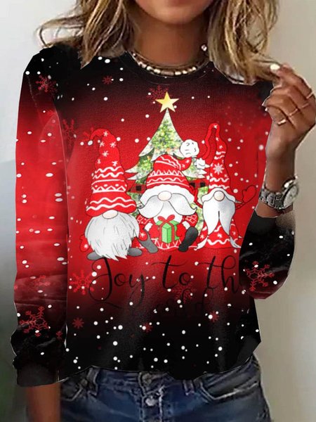 

Crew Neck Christmas Loose Casual T-Shirt, Red, Long sleeves