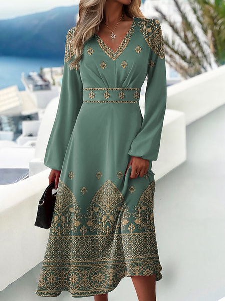 

V Neck Ethnic Casual Regular Fit Dress, Green, Dresses