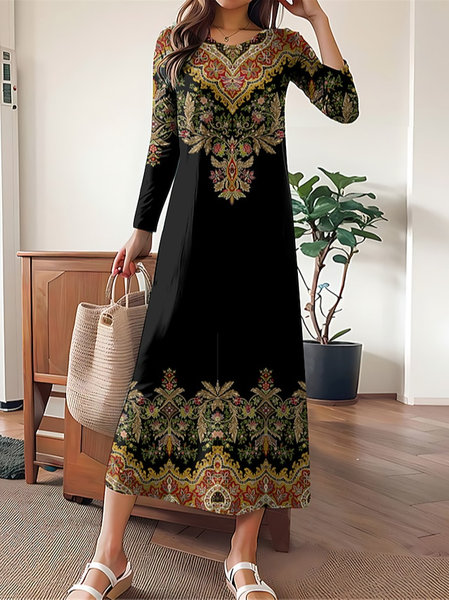 

Crew Neck Loose Casual Ethnic Dress, Black, Dresses