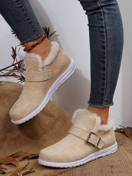 

Casual Buckle Decor Winter Faux Fur Lined Ankle Boots, Apricot, Boots