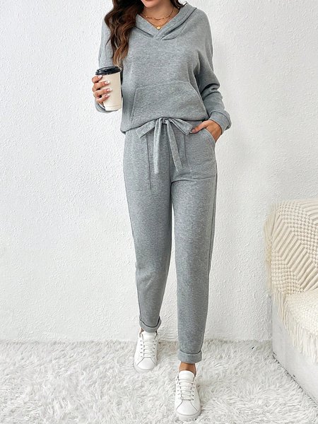 

Plain Hooded Casual Two-Piece Set, Gray, Suit Set