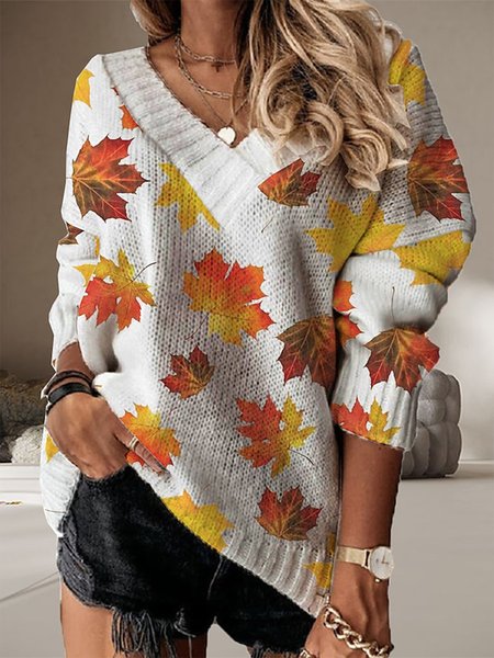 

Maple Leaf Casual Loose Sweater, Yellow, Sweaters