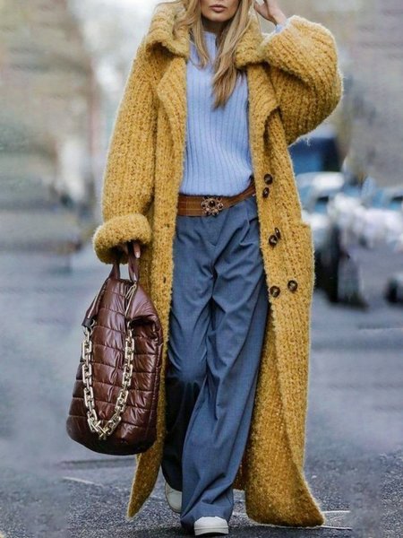 

Long Sleeve Urban Lapel Collar Cardigan, Yellow, Cardigans
