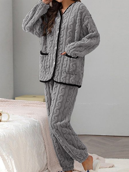 

Plain Casual Fluff/Granular Fleece Fabric Two-Piece Set, Gray, Suit Set