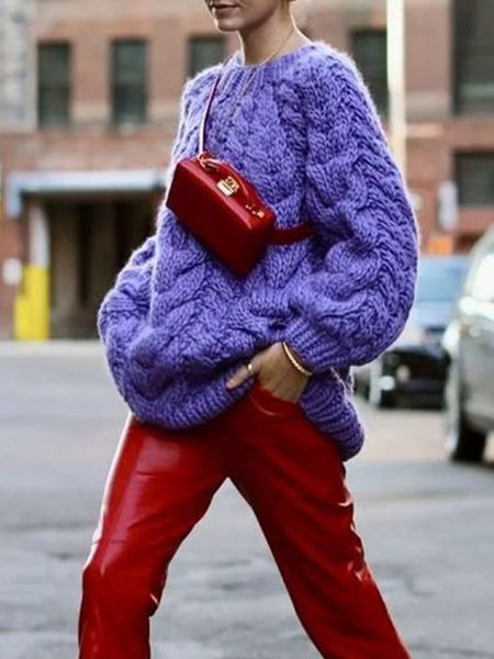 

Crew Neck Regular Fit Plain Urban Sweater, Purple, Pullovers