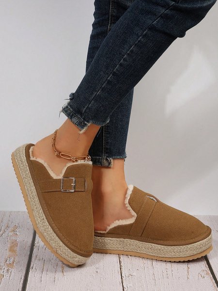 

Comfy Buckle Decor Warmth Lined Espadrilles Mules, Brown, Flats