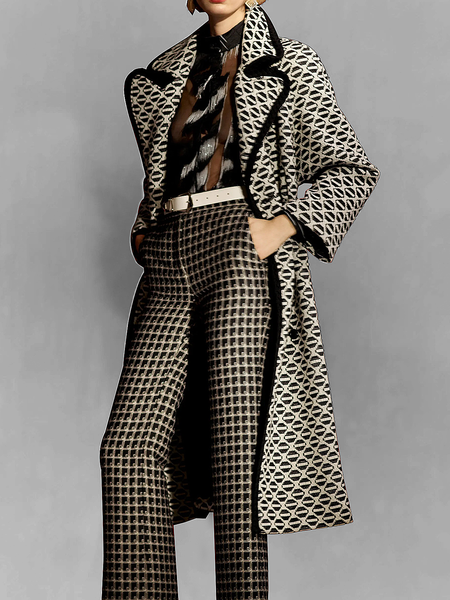 

Loose Geometric Urban Lapel Collar Long Sleeve Trench Mid-long Coat, As picture, Coats
