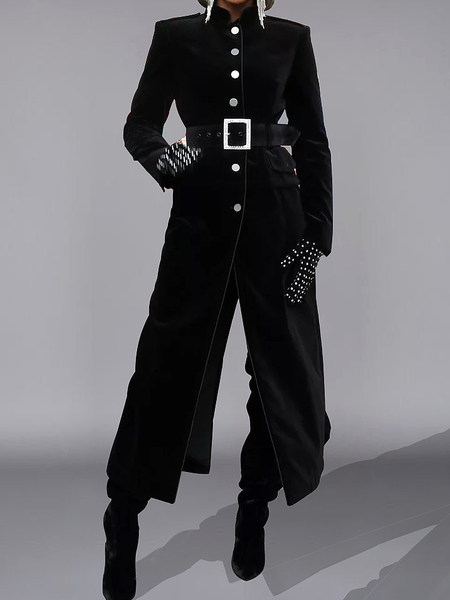 

Regular Fit Plain Urban Stand Collar Long Sleeve Mid-long Coat, Black, Coats