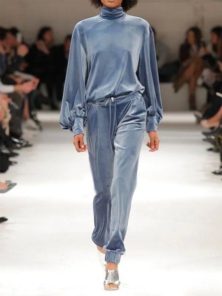 

Lantern Sleeve Elegant Velvet Two-Piece Set, Blue, Suit Set