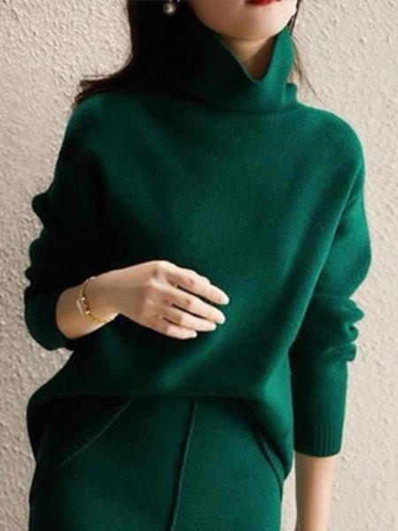 

Turtleneck Plain Urban Long Sleeve Sweater, Green, Pullovers