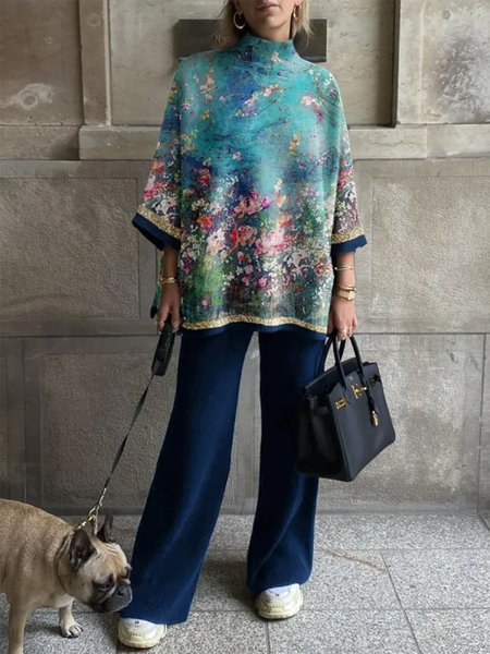 

Floral Cotton-Blend Turtleneck Casual Two-Piece Set, Blue, Suit Set