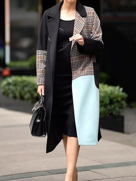 

Color Block Lapel Collar Long Sleeve Loose Urban Mid-long Coat, As picture, Coats