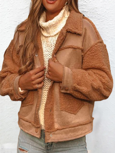 

Women's Loose Color Block Casual Shawl Collar Teddy Jacket, Brown, Outerwear