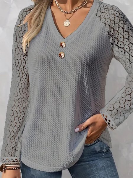 

Buttoned Lace Casual Shirt, Gray, Blouses & Shirts