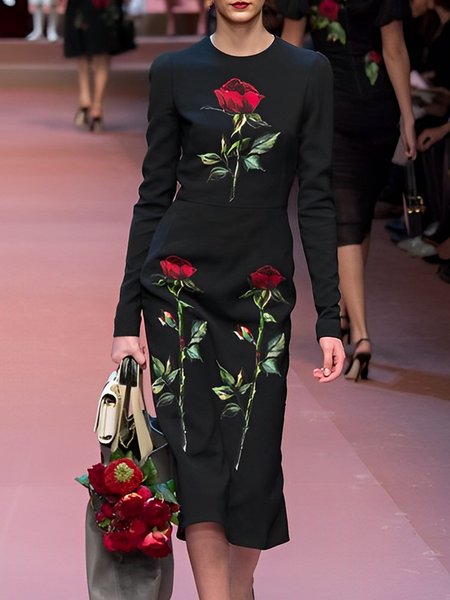 

Elegant Floral Regular Fit Plain Crew Neck Dress, Black, Midi Dresses