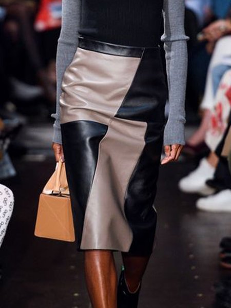 

Regular Fit Color Block Urban Faux Leather Midi Skirt, Black, Skirts