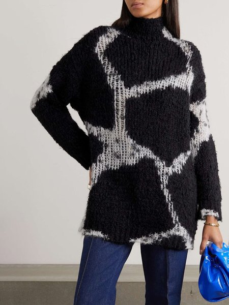 

Turtleneck Geometric Regular Fit Urban Sweater, Black, Pullovers