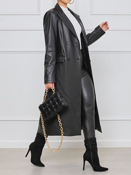 

Pu Loose Urban Lapel Collar Long Sleeve Leather Mid-long Coat, Black, Jackets