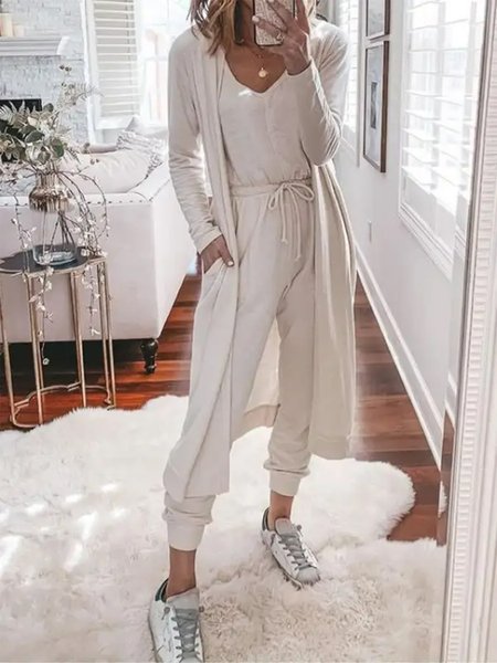 

Casual Drawstring Matching Outfit, White, Suit Set