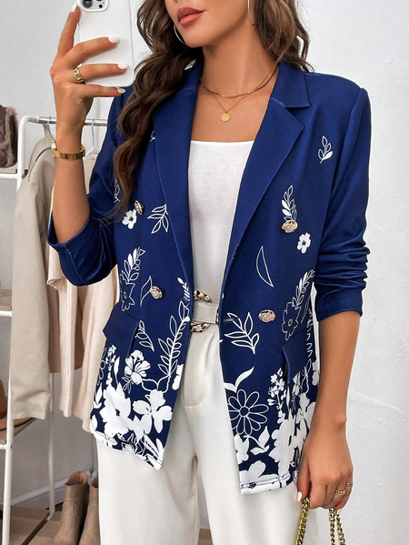

Casual Floral Loose Floral Print Double Breasted Blazer, Blue, Blazers