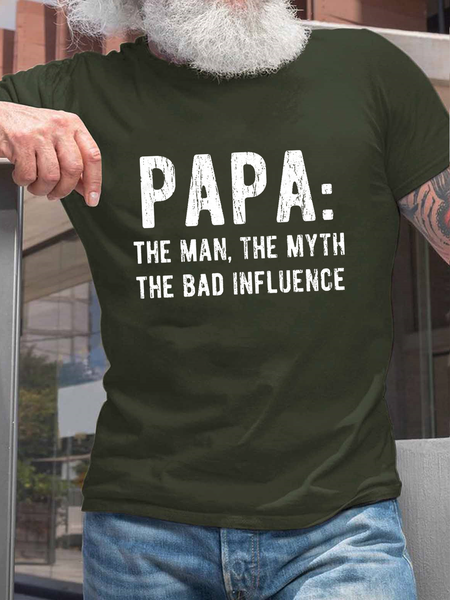 

Men's PAPA The Man The Myth, Bad Influence, Best Papa Ever Text Letters Cotton Casual Crew Neck T-Shirt, Green, T-shirts