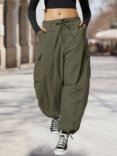 

Plain Loose Casual Mid Rise Drawstring Button Zipper Multiple Pockets Casual Cargo Joggers Cargo Pants, Green, Pants