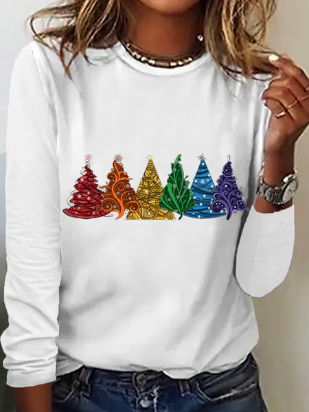 Women's Christmas Tree Cotton Blend Crew Neck Casual Long Sleeve Shirt