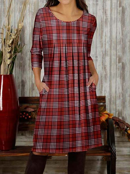 

Knitted Plaid Crew Neck Casual Dress With No, Red, Dresses
