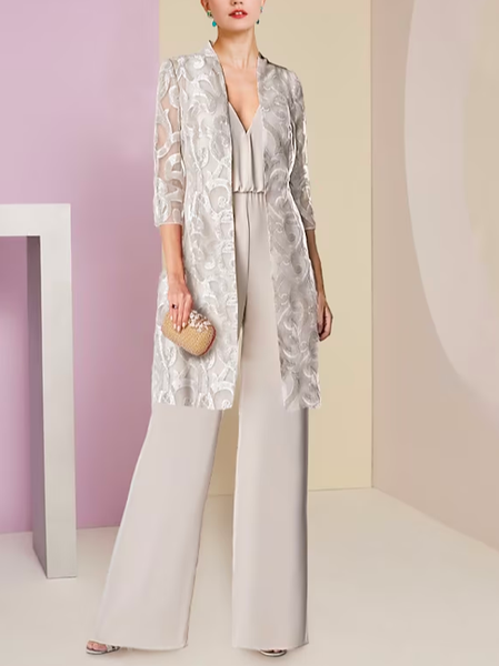 

Plain Elegant Chiffon V Neck Two-Piece Set, Champagne, Suit Set