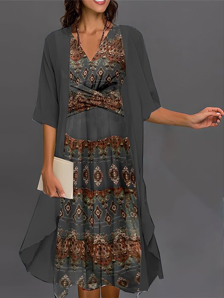 

Ethnic V Neck Chiffon Vintage Two-Piece Set, Black, Suit Set