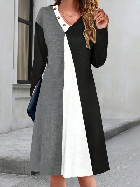

Loose V Neck Casual Color Block Dress With No, Black, Dresses