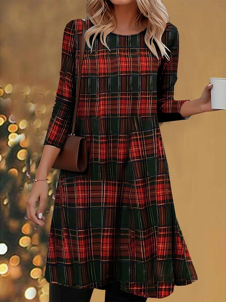 

Crew Neck Plaid Loose Casual Dress, Red, Dresses