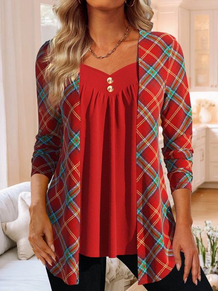 

Plaid Casual Loose Square Neck Shirt, Red, Shirts & Blouses