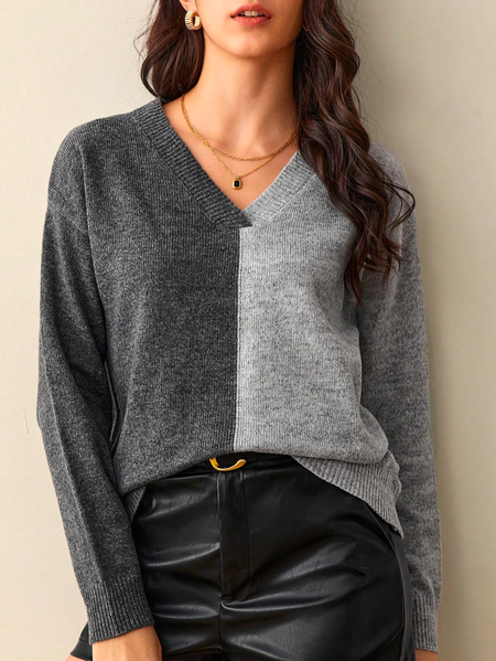

Casual Yarn/Wool Yarn Color Block Loose Sweater, Gray, Sweaters