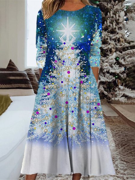 

Loose Casual Crew Neck Christmas Tree Dress, Blue, Dresses