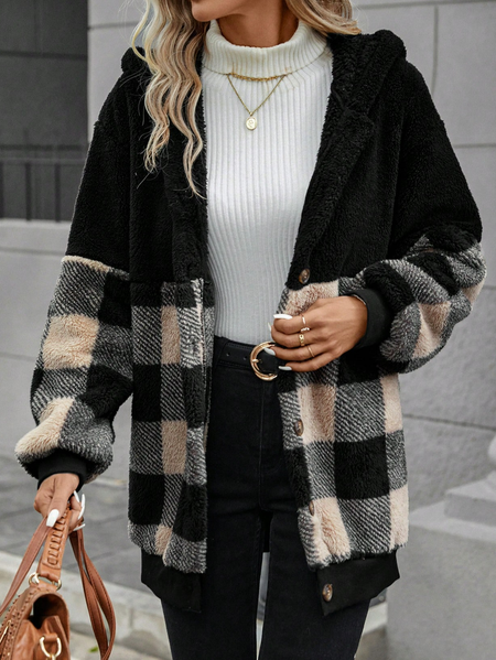 

Loose Casual Hoodie Plaid Teddy Jacket, Khaki, Coats