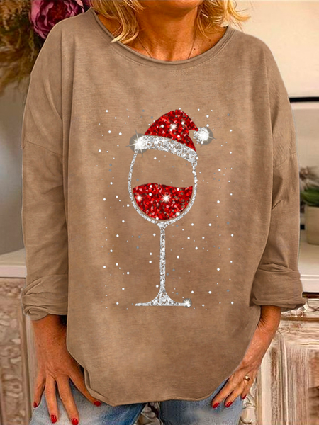 

Women's Cotton-Blend Christmas Wine Casual Crew Neck Sweatshirt, Khaki, Long sleeves