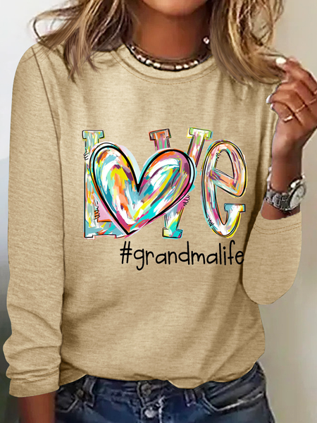 

Women's Love Grandma Life Cotton-Blend Casual Crew Neck Long Sleeve Shirt, Khaki, Long sleeves