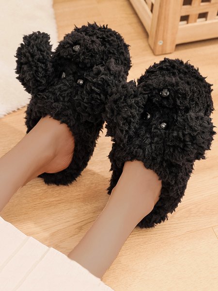 

Casual Cartoon Dog Fluffy Toe-covered Slippers, Black, Sandals & Slippers