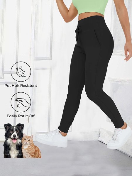 

Casual Loose Hair Resistant High Waisted Drawstring Side Pocket Plain Full Length Joggers, Black, Pants