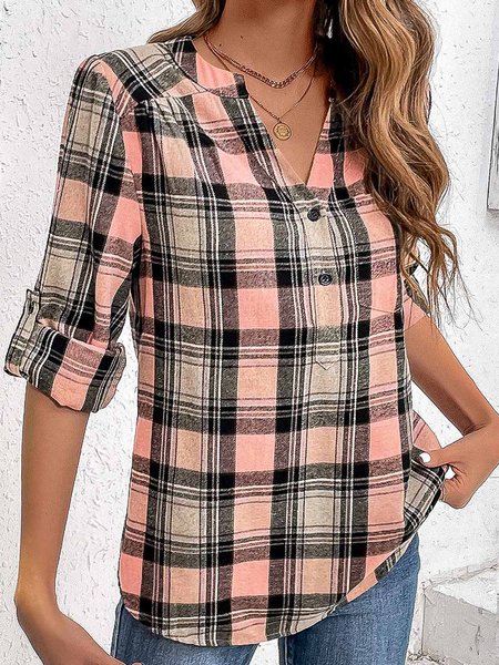 

Loose Plaid V Neck Casual Shirt, Pink, Shirts & Blouses