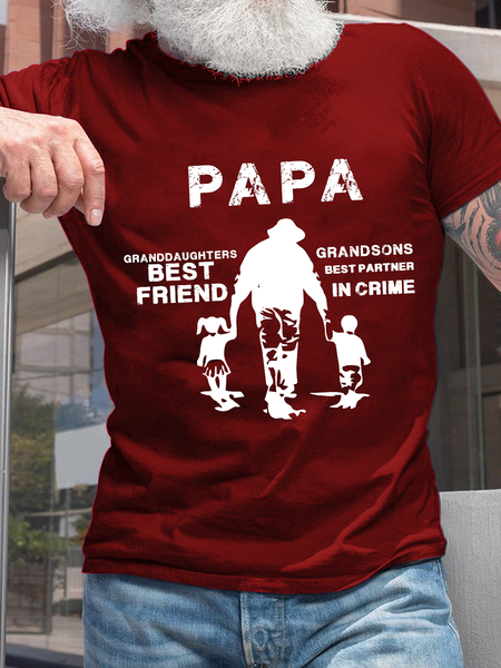 

Men's Papa, Granddaughters Best Friend, Grandsons Best Partner In Crime Cotton Casual Crew Neck Text Letters T-Shirt, Red, T-shirts