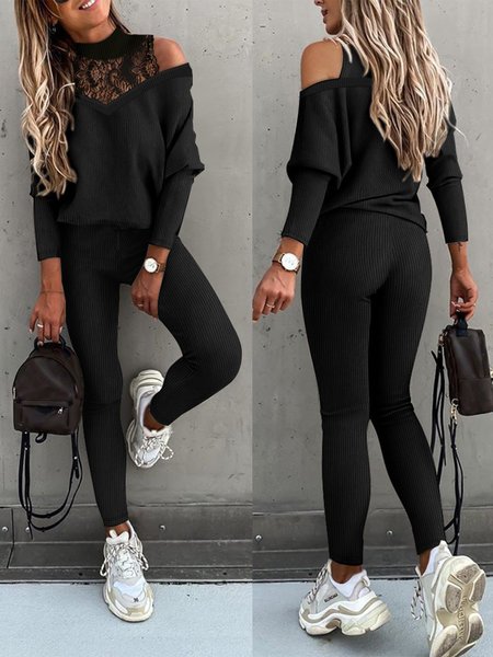 

Casual Half Turtleneck Loose Two-Piece Set, Black, Suit Set