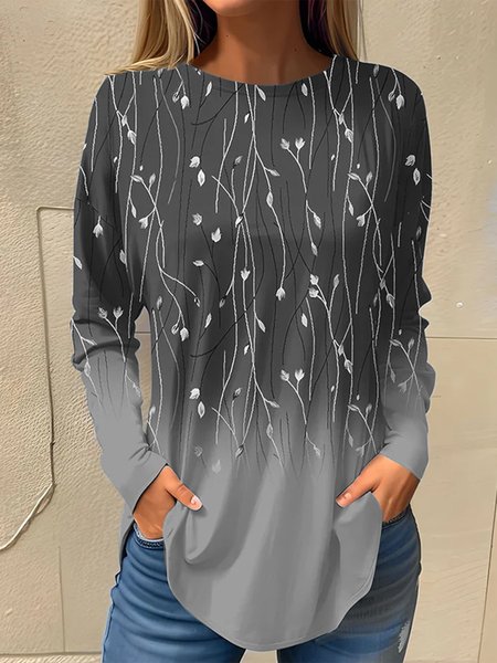 

Casual Floral Crew Neck T-Shirt, Gray, T-Shirts