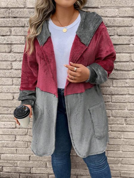 

Color Block Casual Teddy Jacket, Red, Coats