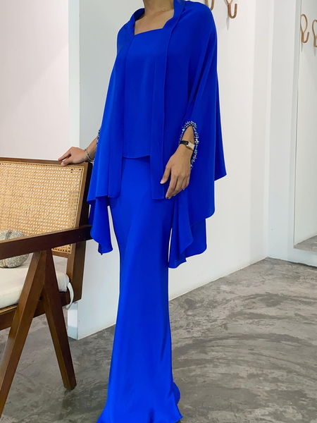

Loose Elegant Crew Neck Plain Matching Outfit, Blue, Suit Set
