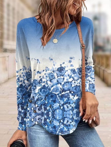 

Loose Casual Crew Neck Floral Shirt, Blue, Shirts & Blouses